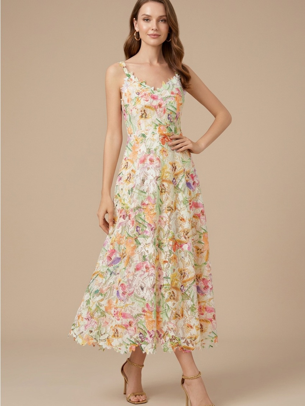 Floral embroidered  Lace A-Line Midi Dress in Multi-Color Pastel